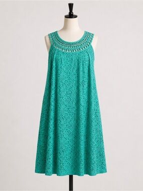 Jessica Howard Women’s 10 Turquoise Paisley Sleeveless Dress Crochet Neckline